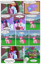 Size: 792x1224 | Tagged: safe, artist:dekomaru, derpibooru import, derpy hooves, pinkie pie, spike, trixie, twilight sparkle, dragon, earth pony, pony, unicorn, comic:the greatest gift, clothes, comic, female, golden oaks library, hat, lesbian, magic, shipping, trixie's hat, twixie