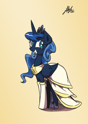 Size: 1280x1811 | Tagged: dead source, safe, artist:lovelyneckbeard, princess luna, alicorn, pony, alternate hairstyle, clothes, dress, grin, smiling, solo
