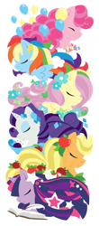 Size: 1100x2501 | Tagged: safe, artist:raygirl, derpibooru import, applejack, fluttershy, pinkie pie, rainbow dash, rarity, twilight sparkle, earth pony, pegasus, pony, unicorn, apple, book, candy, eyes closed, female, flower, flower in hair, food, horn, lineless, mane six, mare, quill, simple background, spread wings, stars, totem, transparent background, wings