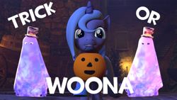 Size: 1920x1080 | Tagged: safe, artist:thundergodpony, princess luna, ghost, 3d, bedsheet ghost, cute, filly, looking at you, mouth hold, solo, source filmmaker, woona