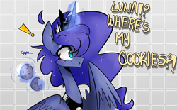 Size: 1500x931 | Tagged: safe, artist:jankrys00, princess luna, alicorn, pony, cookie, dialogue, eating, food, levitation, lunadoodle, magic, solo