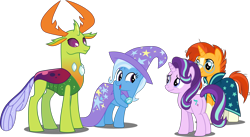 Size: 5488x3000 | Tagged: safe, artist:dashiesparkle, derpibooru import, starlight glimmer, sunburst, thorax, trixie, changedling, changeling, pony, unicorn, celestial advice, .svg available, absurd resolution, cape, clothes, female, glasses, hat, king thorax, mare, simple background, socks (coat marking), transparent background, trixie's cape, trixie's hat, vector