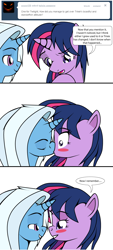 Size: 736x1632 | Tagged: safe, artist:dekomaru, derpibooru import, trixie, twilight sparkle, pony, ask, bedroom eyes, blushing, female, kissing, lesbian, looking at each other, shipping, tumblr, tumblr:ask twixie, twixie