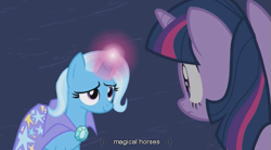 Size: 849x470 | Tagged: safe, derpibooru import, screencap, trixie, twilight sparkle, captain obvious, glowing horn, nailed it, you don't say, youtube caption