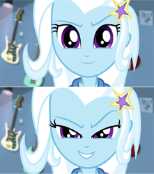 Size: 908x1025 | Tagged: safe, derpibooru import, screencap, trixie, equestria girls, guitar centered, rainbow rocks, electric guitar, guitar, looking at you