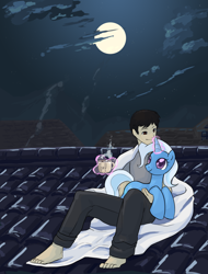 Size: 1750x2301 | Tagged: safe, artist:bigbuxart, derpibooru import, trixie, human, barefoot, fanfic art, feet, hot chocolate, moon