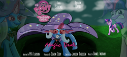 Size: 2000x900 | Tagged: safe, artist:haru-the-light, derpibooru import, trixie, twilight sparkle, magic duel, alicorn amulet, glowing eyes, grin