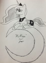 Size: 1536x2090 | Tagged: safe, artist:a little tipsey, princess luna, alicorn, pony, crescent moon, cutie mark, monochrome, moon, pencil drawing, solo, traditional art