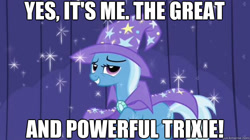 Size: 625x351 | Tagged: safe, derpibooru import, edit, edited screencap, screencap, trixie, pony, unicorn, boast busters, cape, clothes, hat, meme, solo, text, trixie's cape, trixie's hat