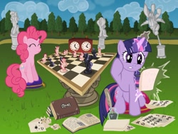 Size: 1024x768 | Tagged: safe, artist:alevgor, derpibooru import, pinkie pie, twilight sparkle, earth pony, pony, book, chess, chessboard, chessboard incorrectly oriented, clock, ink, magic