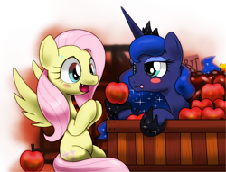 Size: 1700x1300 | Tagged: safe, artist:hoyeechun, applejack, fluttershy, princess luna, alicorn, earth pony, pegasus, pony, apple, blushing, fangs, spread wings, tongue out