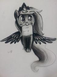 Size: 1024x1365 | Tagged: safe, artist:ukbin, princess luna, alicorn, pony, filly, grayscale, monochrome, mouth hold, solo, spread wings, traditional art, woona