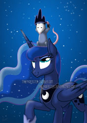 Size: 620x877 | Tagged: dead source, safe, artist:thephoebster, princess luna, tiberius, alicorn, pony, accessory swap, looking up, raised hoof, watermark