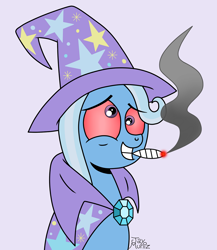 Size: 1250x1437 | Tagged: safe, artist:jay muniz, derpibooru import, trixie, bloodshot eyes, drugs, smoking