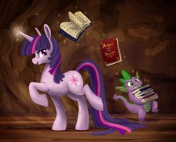 Size: 2000x1615 | Tagged: safe, artist:adailey, derpibooru import, spike, twilight sparkle, dragon, book, duo