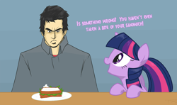 Size: 1500x886 | Tagged: safe, artist:tex, derpibooru import, twilight sparkle, oc, oc:tex, human, sandwich