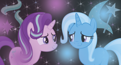 Size: 1024x559 | Tagged: safe, artist:cloudyglow, artist:noxwyll, artist:ponylover136, artist:skyspirit1324, derpibooru import, starlight glimmer, trixie, pony, unicorn, bff, cutie mark, female, mare, side by side, smiling, smirk, vector, wallpaper