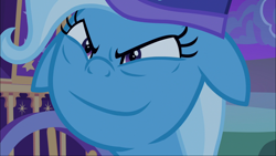 Size: 1920x1080 | Tagged: safe, derpibooru import, edit, edited screencap, screencap, trixie, pony, unicorn, to where and back again, faic, female, floppy ears, inverted mouth, mare, solo, trixie is amused