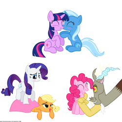 Size: 1200x1200 | Tagged: safe, artist:navitaserussirus, derpibooru import, applejack, discord, pinkie pie, rarity, trixie, twilight sparkle, earth pony, pony, unicorn, discopie, female, lesbian, male, rarijack, shipping, straight, twixie