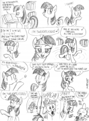 Size: 799x1090 | Tagged: safe, artist:kturtle, derpibooru import, spike, twilight sparkle, dragon, pony, unicorn, book, comic, duo, female, golden oaks library, male, mare, monochrome, singing, surprised, twilightlicious