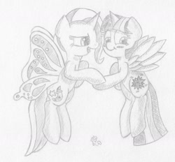 Size: 1400x1300 | Tagged: safe, artist:ramott, derpibooru import, trixie, twilight sparkle, twilight sparkle (alicorn), alicorn, pony, blushing, butterfly wings, female, lesbian, mare, shipping, simple background, sketch, twixie