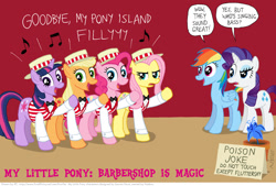 Size: 1081x730 | Tagged: safe, artist:kturtle, derpibooru import, applejack, fluttershy, pinkie pie, rainbow dash, rarity, twilight sparkle, earth pony, pegasus, pony, unicorn, barbershop quartet, flutterguy, hilarious in hindsight, poison joke