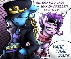 Size: 1024x852 | Tagged: safe, artist:jadekettu, derpibooru import, starlight glimmer, trixie, pony, anime, bipedal, clothes, costume, crossover, female, jojo's bizarre adventure, jotaro kujo, mare, star platinum, yare yare daze