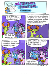 Size: 1024x1515 | Tagged: safe, artist:verycomicrelief, derpibooru import, starlight glimmer, thorax, trixie, changedling, changeling, pony, unicorn, celestial advice, comic, equestrian pink heart of courage, king thorax, watermark