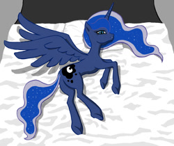 Size: 1017x853 | Tagged: safe, artist:dannylim86, princess luna, alicorn, pony, bed, lying, on side, plot, solo