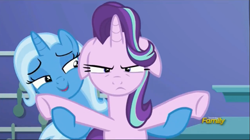 Size: 911x511 | Tagged: safe, derpibooru import, screencap, starlight glimmer, trixie, pony, all bottled up, annoyed, floppy ears, trixie's puppeteering