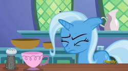 Size: 1645x916 | Tagged: safe, derpibooru import, screencap, trixie, pony, unicorn, all bottled up, cup, eyes closed, floppy ears, food, pepper, solo, teacup, that pony sure does love teacups