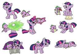 Size: 2321x1669 | Tagged: safe, artist:kukimao, derpibooru import, spike, twilight sparkle, unicorn twilight, dragon, pony, unicorn, :t, adorkable, baby, baby dragon, baby spike, biting, blanket, book, boop, cute, cutie mark, derp, dork, eyes closed, feather, female, filly, fire, foal, funny face, green fire, laughing, levitation, magic, male, mama twilight, mouth hold, nibbling, nom, noseboop, open mouth, prone, puffy cheeks, quill, reading, scroll, simple background, sitting, skipping, sleeping, smiling, spikabetes, spikelove, telekinesis, terminally cute, transparent background, twiabetes, walking, wide eyes