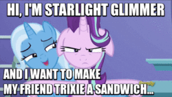 Size: 400x225 | Tagged: safe, derpibooru import, screencap, starlight glimmer, trixie, pony, all bottled up, animated, cute, diatrixes, floppy ears, food, gif, grumpy, image macro, meme, sandwich, silly, silly pony, trixie's puppeteering, unamused