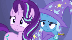 Size: 883x494 | Tagged: safe, derpibooru import, screencap, starlight glimmer, trixie, pony, celestial advice, animated, eyeroll, gif, laughing