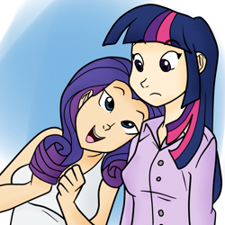 Size: 945x945 | Tagged: safe, artist:megasweet, artist:rustydooks, derpibooru import, rarity, twilight sparkle, the ticket master, humanized, nuzzling, scene interpretation