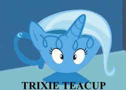 Size: 565x407 | Tagged: safe, artist:wisdomvision f., derpibooru import, trixie, all bottled up, blue, cup, cute, i have no mouth and i must scream, inanimate tf, irony, objectification, teacup, teacupified, that pony sure does love teacups, transformation, trixie teacup