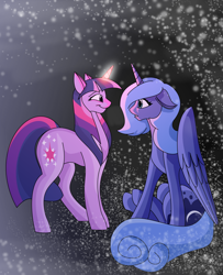 Size: 900x1110 | Tagged: safe, artist:100yearslater, princess luna, twilight sparkle, alicorn, pony, female, lesbian, s1 luna, shipping, twiluna