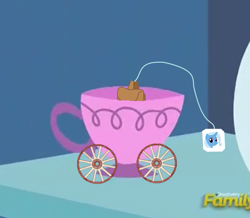 Size: 789x689 | Tagged: safe, derpibooru import, edit, edited screencap, screencap, trixie, pony, unicorn, all bottled up, bag, crossing the memes, cup, faic, female, mare, meme, smirk, teacup, that pony sure does love teacups, this will end in tears, twiface, wheel, wheels trixie, wrong neighborhood