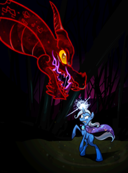 Size: 1427x1920 | Tagged: dead source, safe, artist:sir-dangereaux, derpibooru import, trixie, dragon, pony, unicorn, blank eyes, cape, clothes, female, magic, mare, trixie's cape, white eyes