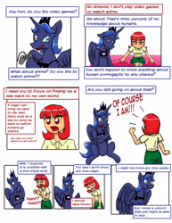 Size: 1275x1650 | Tagged: safe, artist:redanon, prince artemis, princess luna, oc, oc:anon, oc:femanon, alicorn, pony, comic, controller, femanon in malequestria, rule 63