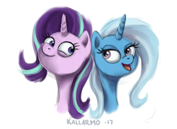 Size: 750x550 | Tagged: safe, artist:kallarmo, derpibooru import, starlight glimmer, trixie, pony, unicorn, bust, duo, lidded eyes, portrait, simple background