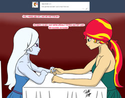 Size: 1361x1075 | Tagged: safe, artist:deltalima, derpibooru import, sunset shimmer, trixie, human, date, dialogue, female, holding hands, humanized, lesbian, looking at each other, restaurant, shipping, suntrix