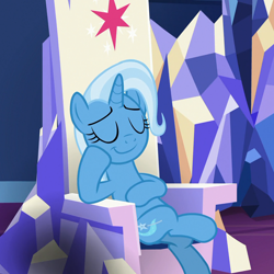 Size: 1080x1080 | Tagged: safe, derpibooru import, screencap, trixie, pony, all bottled up, sitting, smug, solo, throne, throne room, twilight's castle