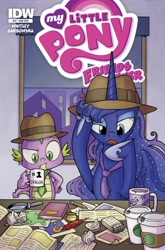 Size: 1200x1822 | Tagged: safe, artist:agnesgarbowska, idw, princess luna, spike, alicorn, dragon, pony, cover, fedora, hat, idw advertisement, mug, necktie