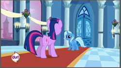 Size: 652x366 | Tagged: safe, derpibooru import, edit, edited screencap, screencap, trixie, twilight sparkle, durl, fake, hub logo, plot