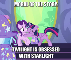 Size: 1072x904 | Tagged: safe, derpibooru import, edit, edited screencap, screencap, starlight glimmer, trixie, twilight sparkle, twilight sparkle (alicorn), alicorn, pony, celestial advice, cropped, hug, meme