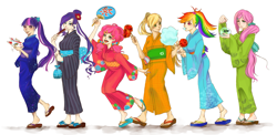 Size: 2667x1298 | Tagged: safe, artist:mamo, derpibooru import, applejack, fluttershy, pinkie pie, rainbow dash, rarity, twilight sparkle, fish, anklet, apple, caramel apple (food), caramel flavouring, clothes, cotton candy, dress, feet, food, humanized, japanese, kimono (clothing), mane six, sandals, yukata