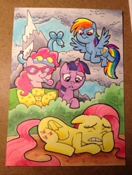 Size: 900x1200 | Tagged: safe, artist:shuffle001, derpibooru import, fluttershy, pinkie pie, rainbow dash, twilight sparkle, unicorn twilight, earth pony, pegasus, pony, unicorn, dragonshy, female, mare, traditional art