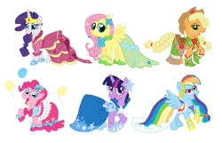 Size: 1004x645 | Tagged: safe, artist:shuffle001, derpibooru import, applejack, fluttershy, pinkie pie, rainbow dash, rarity, twilight sparkle, earth pony, pegasus, pony, unicorn, clothes, dress, gala dress, mane six, simple background