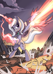 Size: 750x1050 | Tagged: dead source, safe, artist:dexhaiken, derpibooru import, trixie, pony, beam, bipedal, cape, clothes, magic, solo, trixie's cape